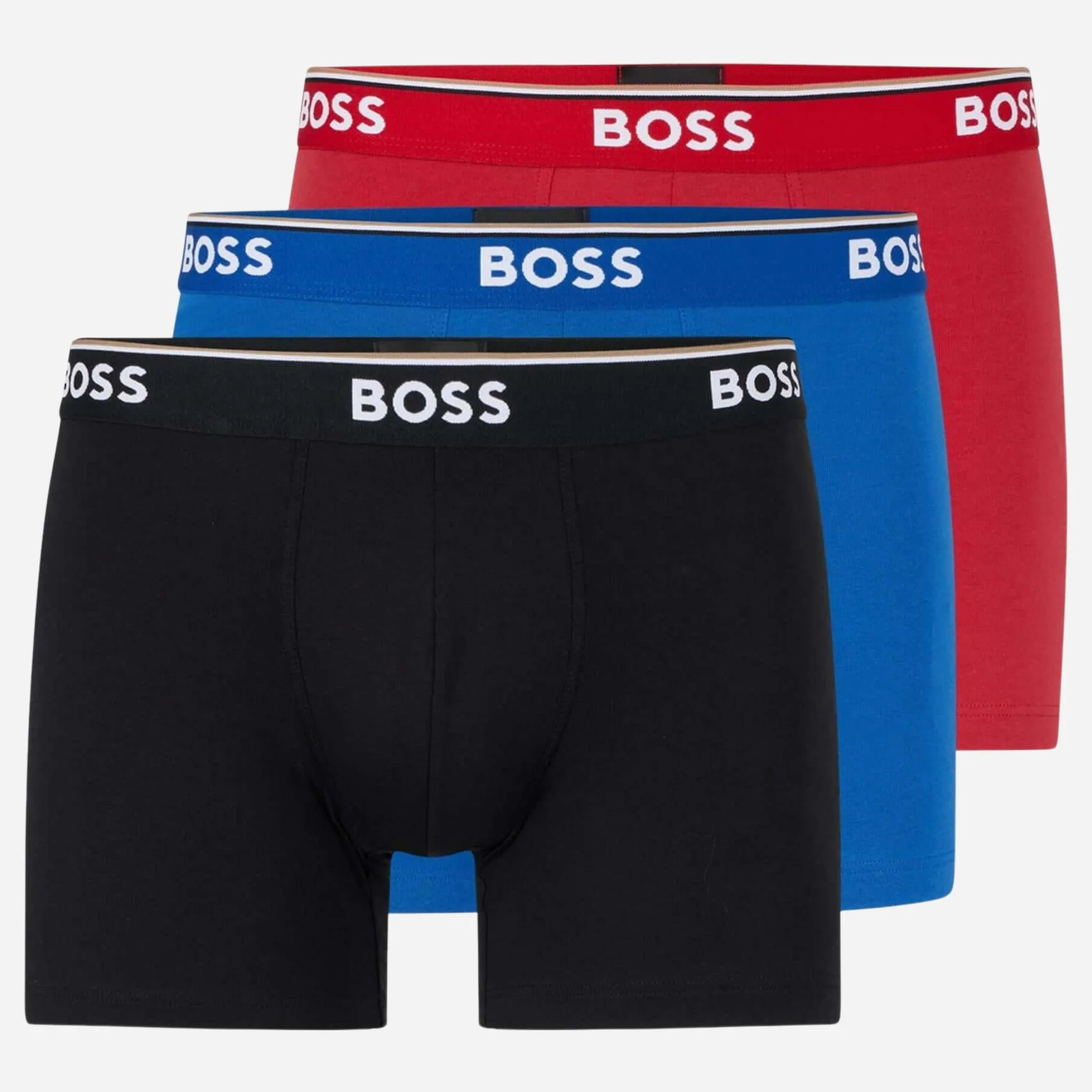 BOSS 3-Pack Cotton Stretch Power Boxer Briefs with Logo and Stripe Waistbands