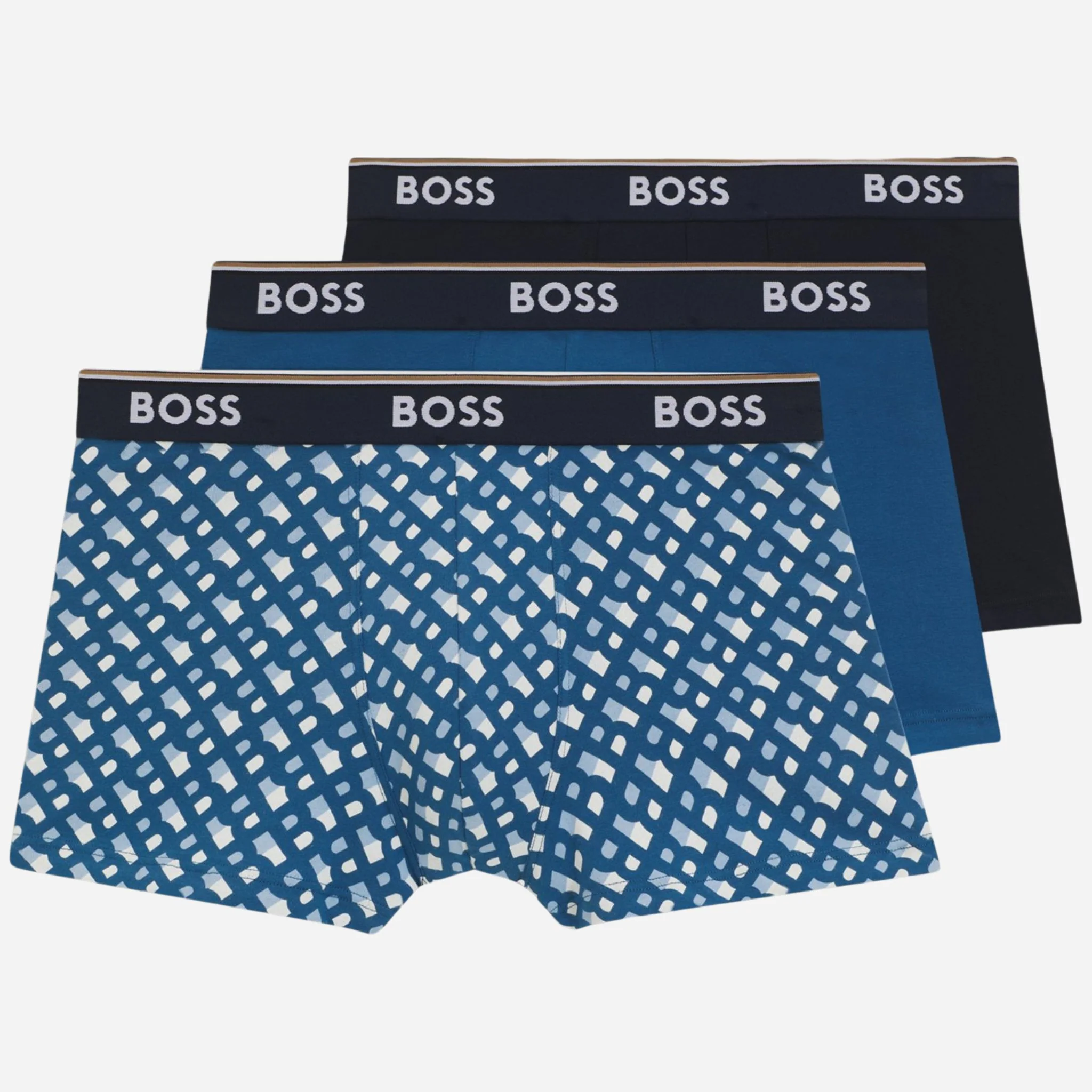 BOSS 3-Pack of Blue Power Cotton Stretch Trunks with Logo Waistband