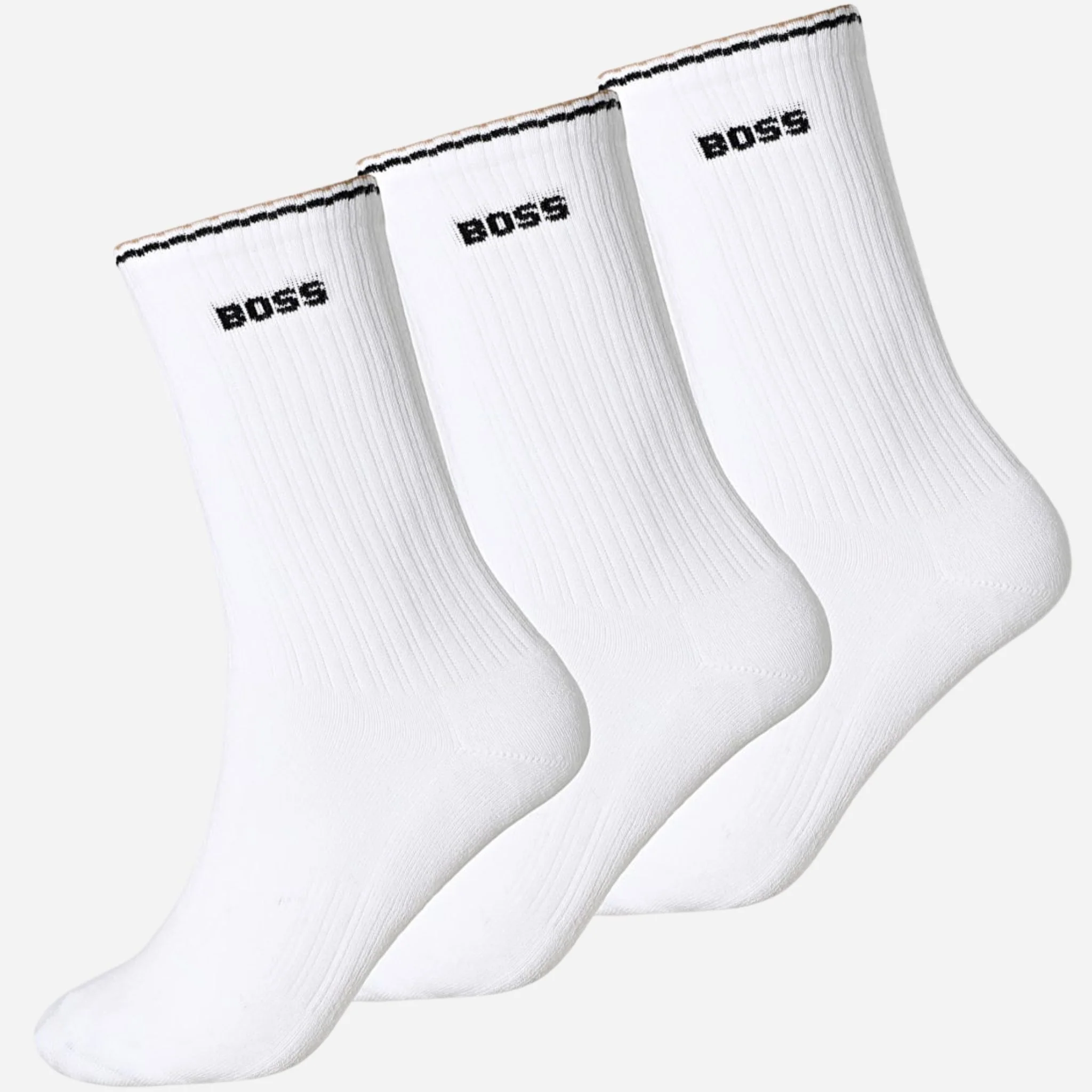 BOSS 3-Pack of Quarter-Length Cotton-Blend White Socks with Three-Stripe Edges