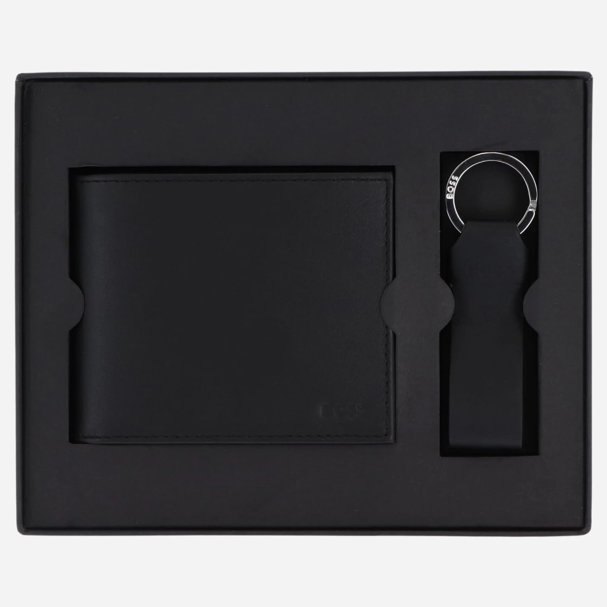 BOSS 8CC Black Leather Trifold Wallet and Black Leather Key Fob Gift Set - Image 7