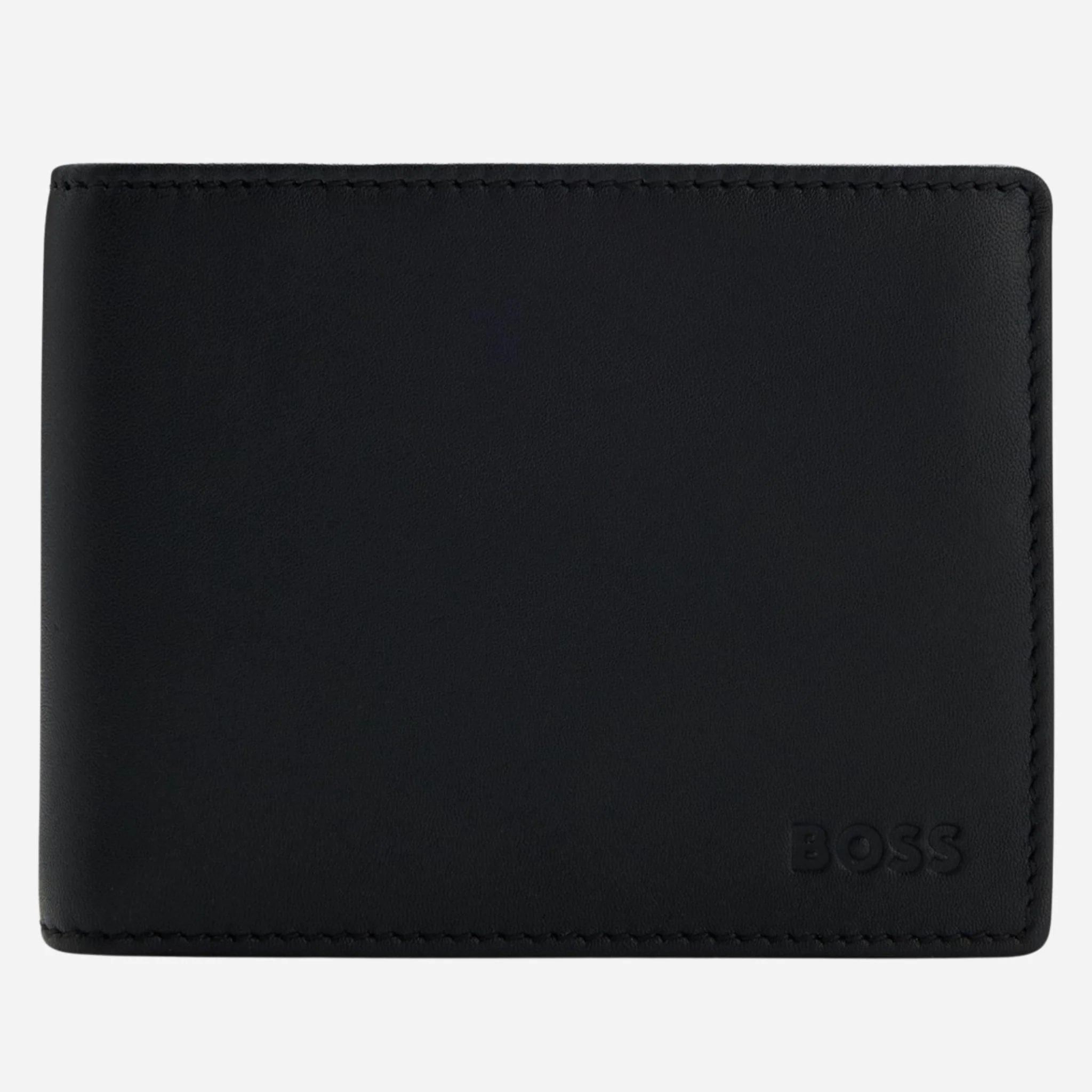 BOSS Arezzo Grained Black Leather Trifold Wallet with Embossed Logo