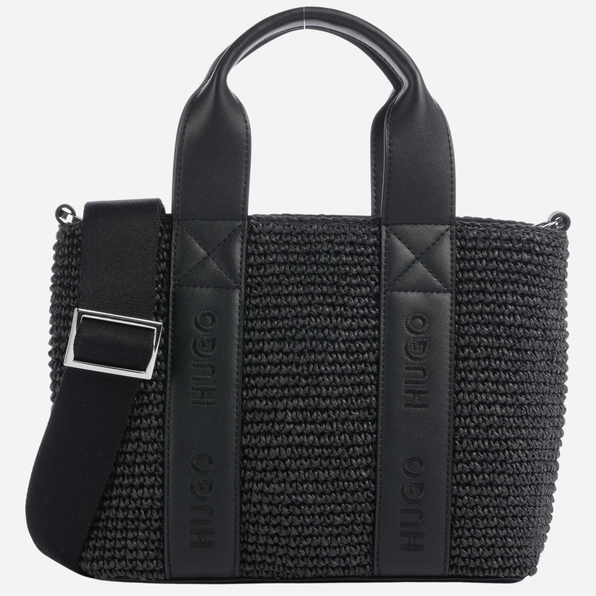 BOSS Becky Black Raffia Mini Tote Bag with Zip