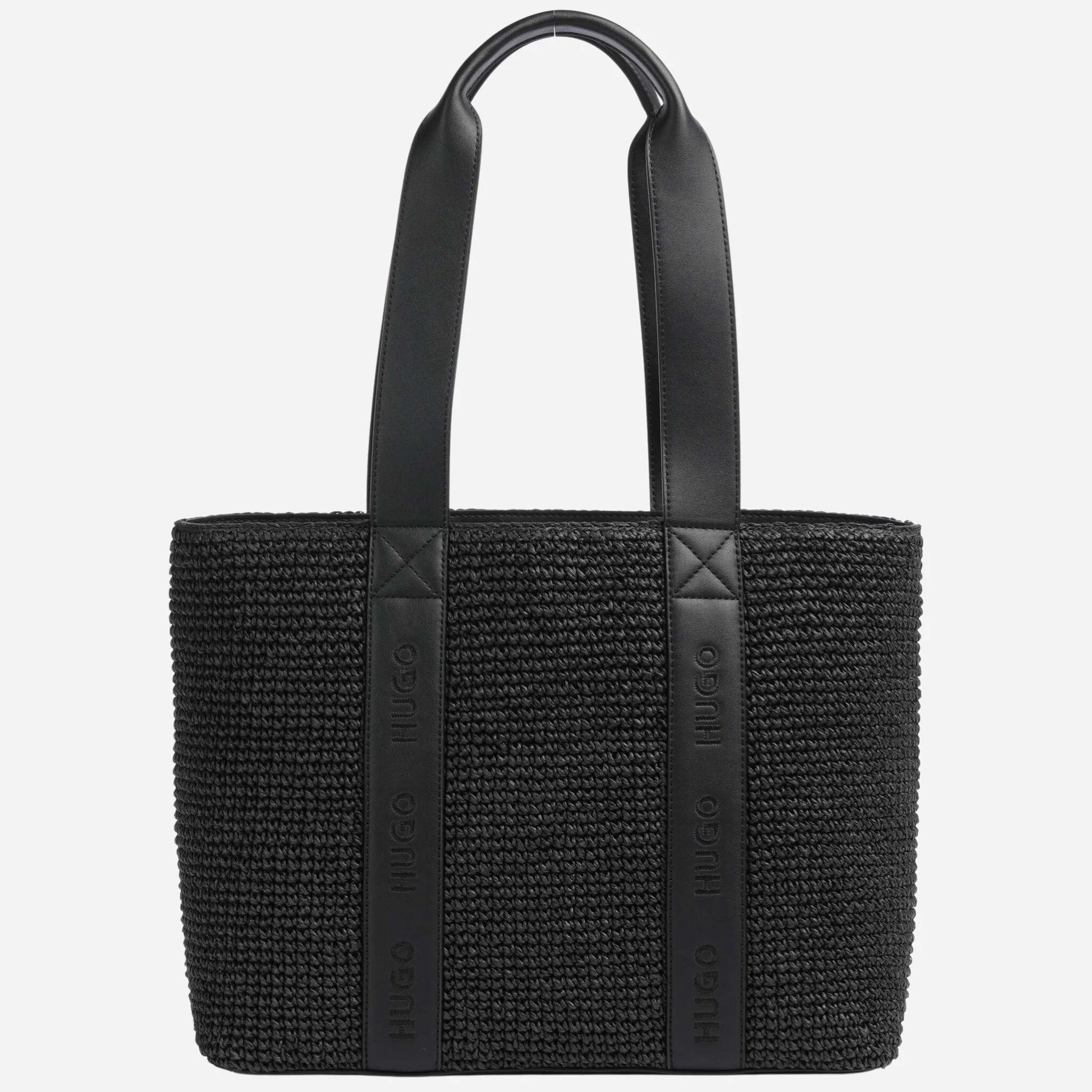 BOSS Becky Black Raffia Tote Bag with Embossed Hugo Detailing
