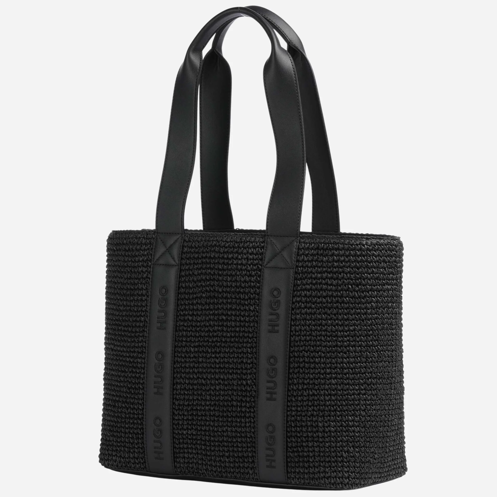 BOSS Becky Black Raffia Tote Bag with Embossed Hugo Detailing - Image 2