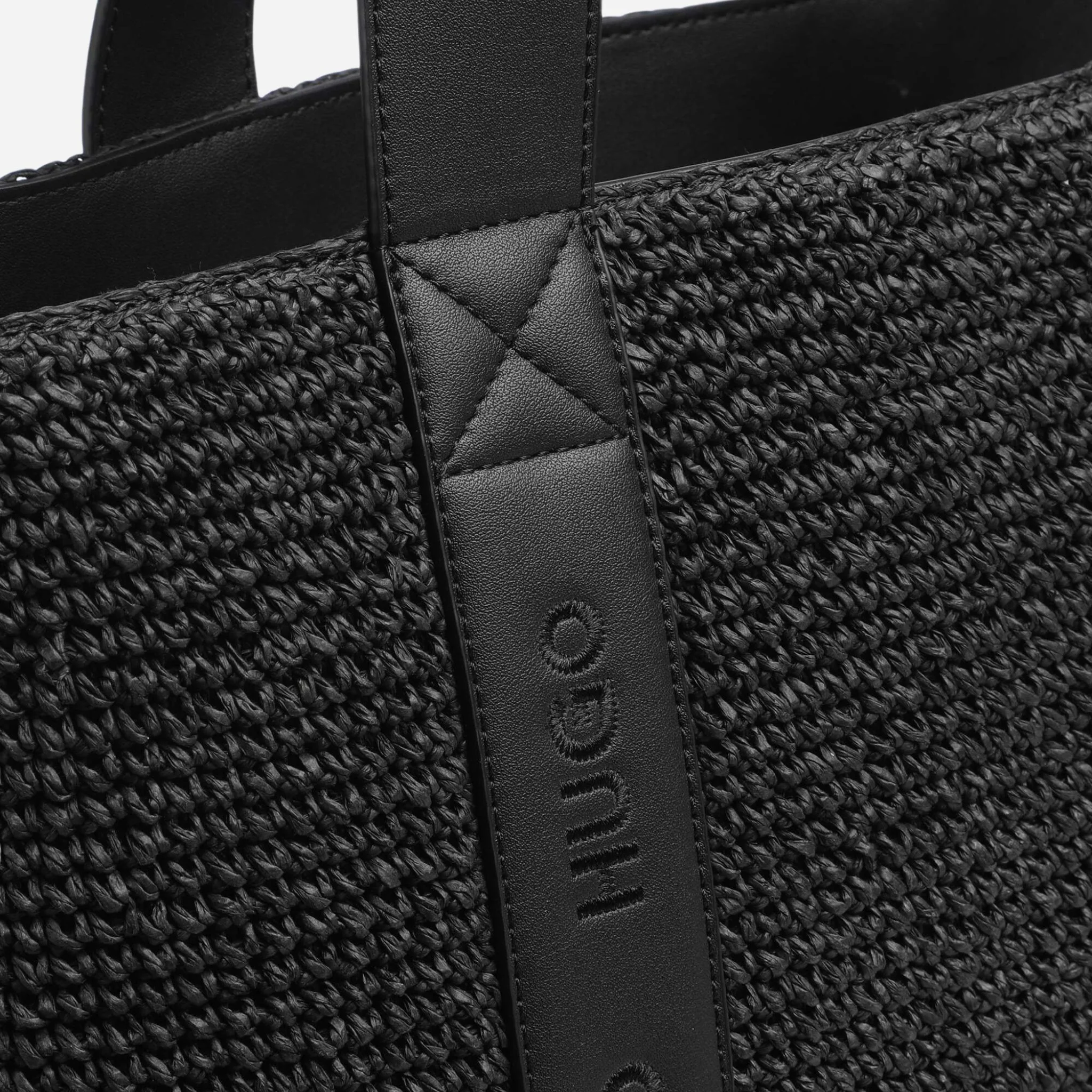 BOSS Becky Black Raffia Tote Bag with Embossed Hugo Detailing - Image 3