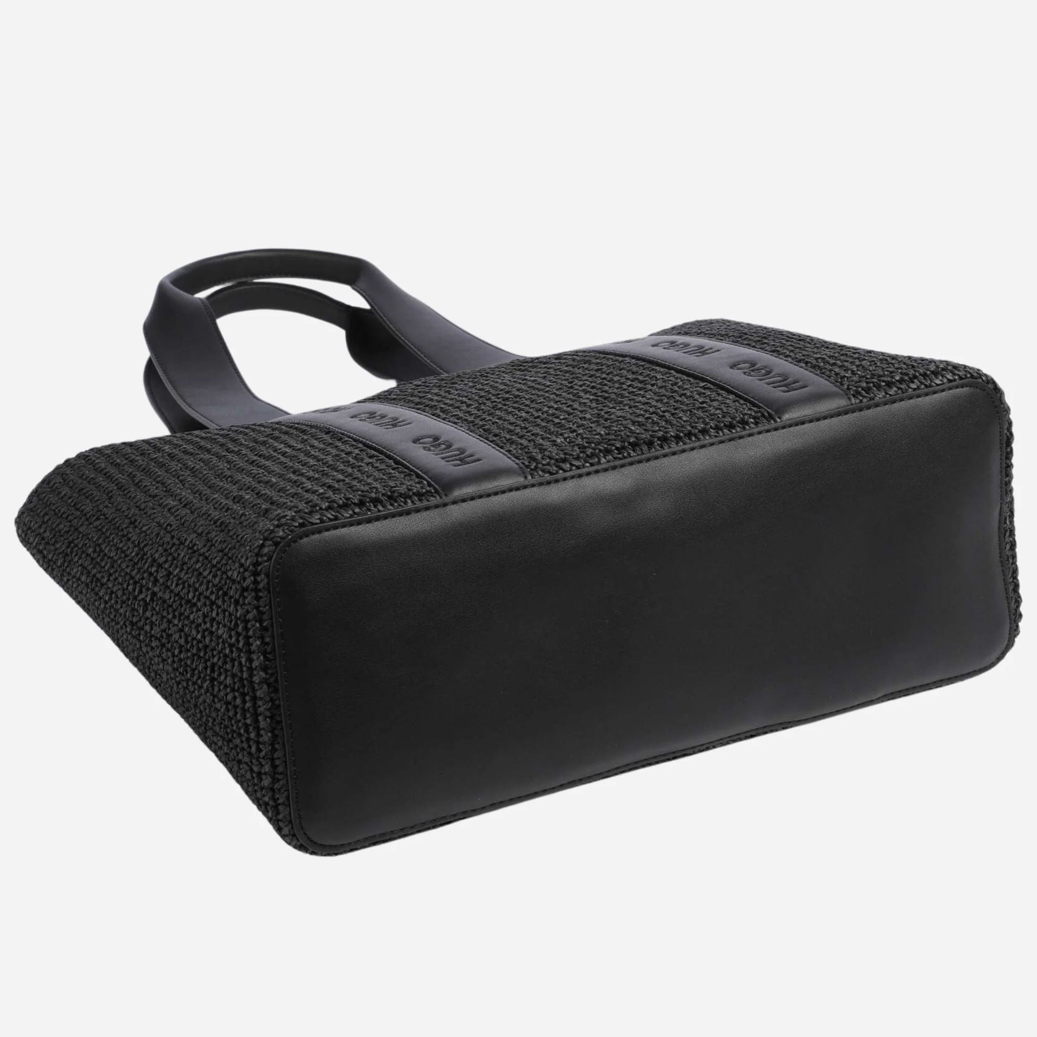 BOSS Becky Black Raffia Tote Bag with Embossed Hugo Detailing - Image 5
