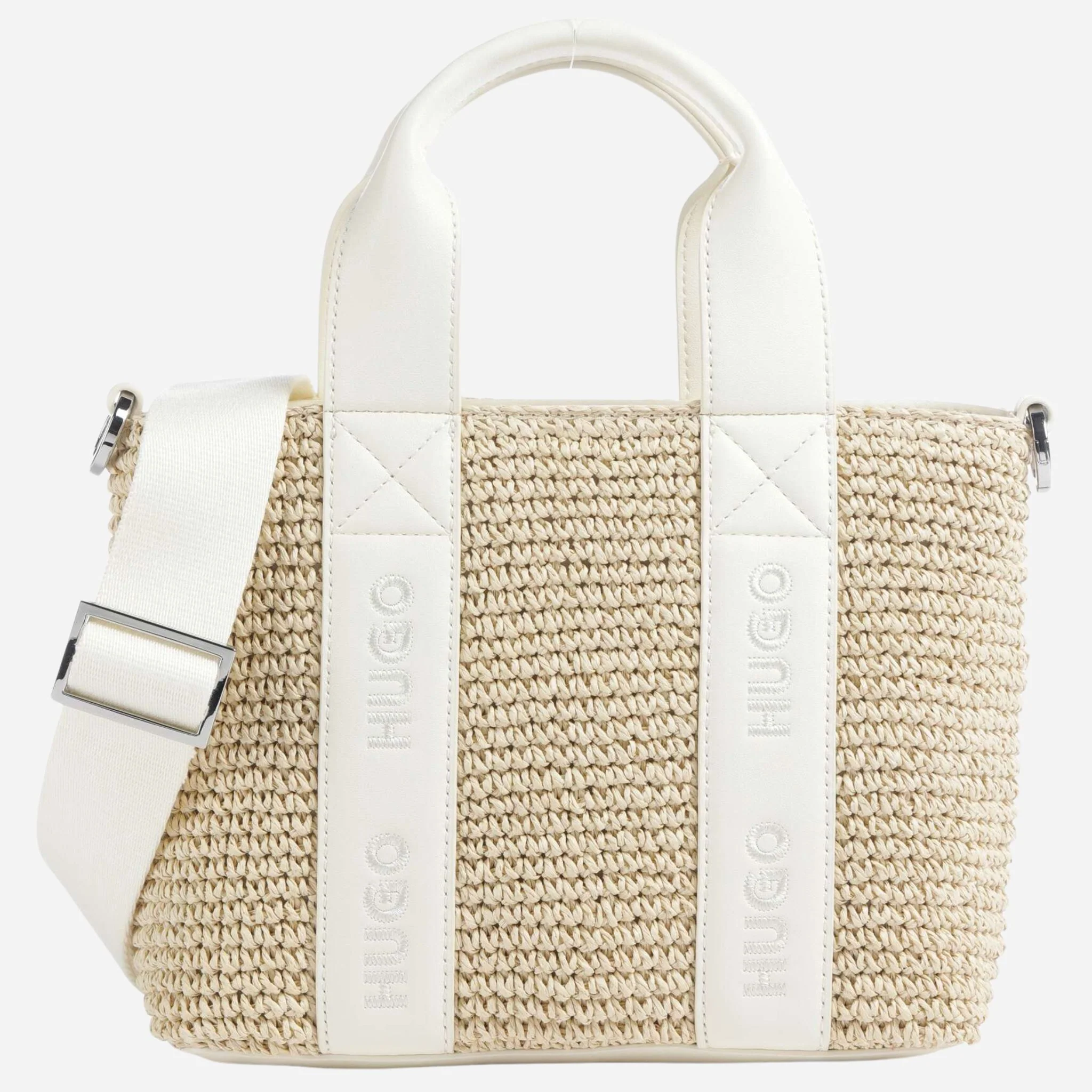 BOSS Becky White Raffia Mini Tote Bag with Zip