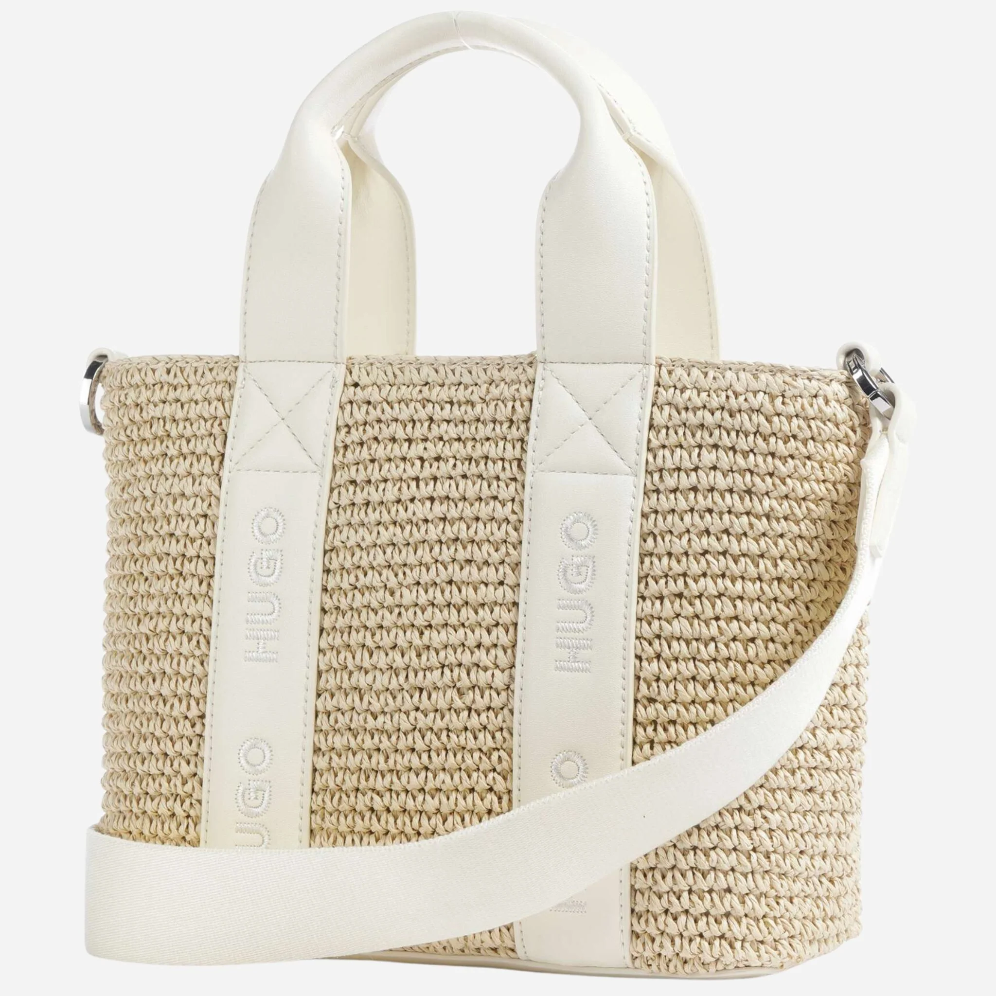 BOSS Becky White Raffia Mini Tote Bag with Zip - Image 2