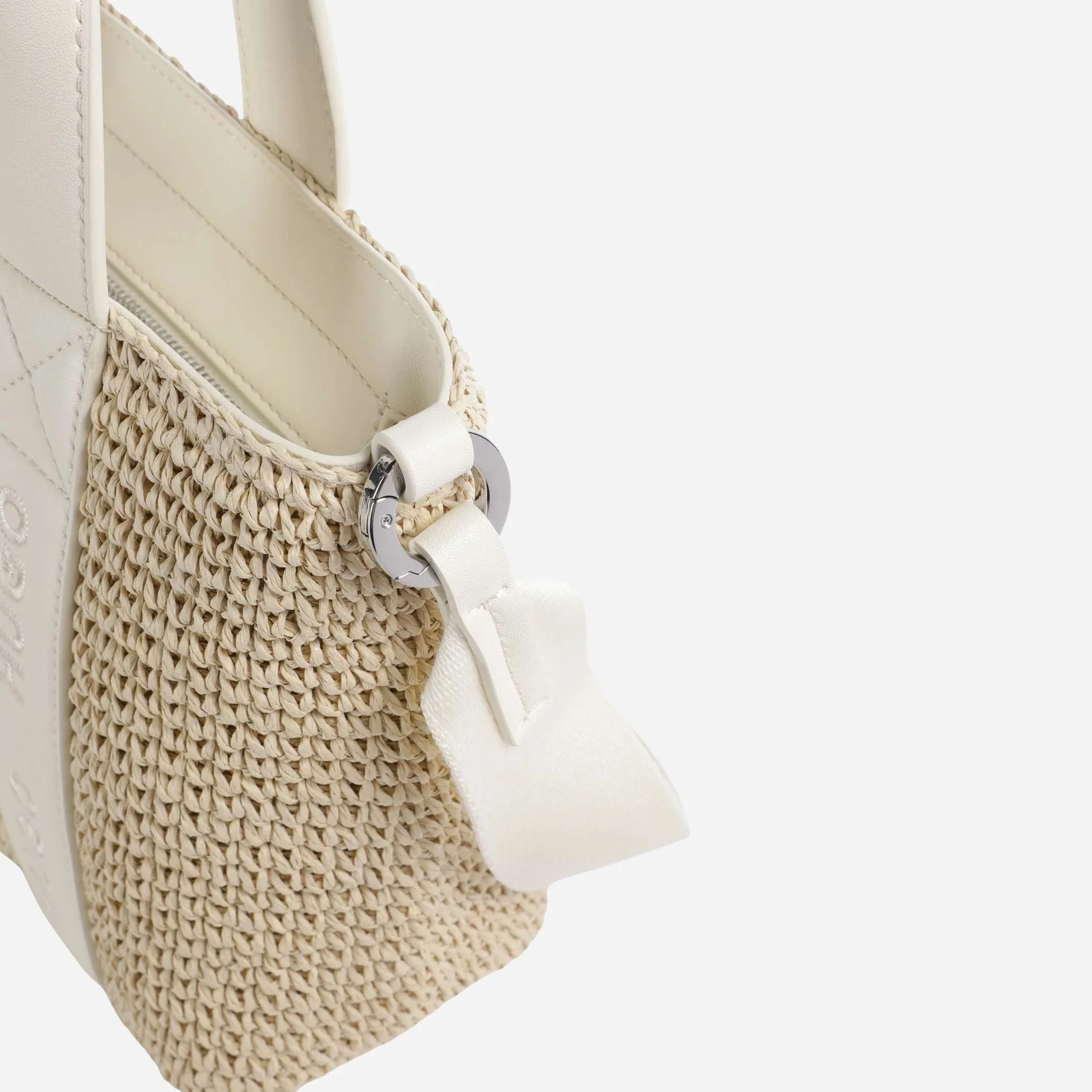 BOSS Becky White Raffia Mini Tote Bag with Zip - Image 3
