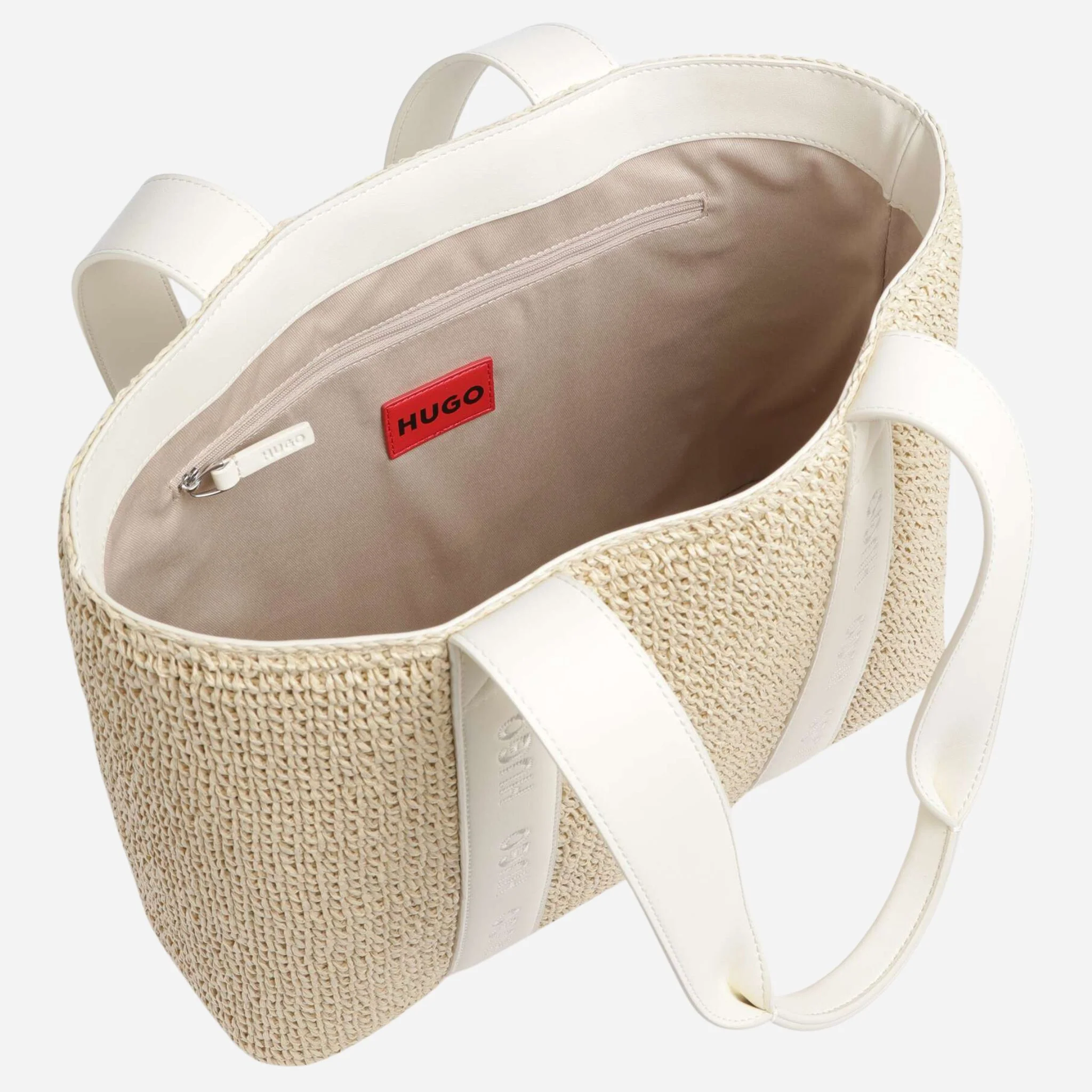 BOSS Becky White Raffia Tote Bag with Embossed Hugo Detailing - Image 4