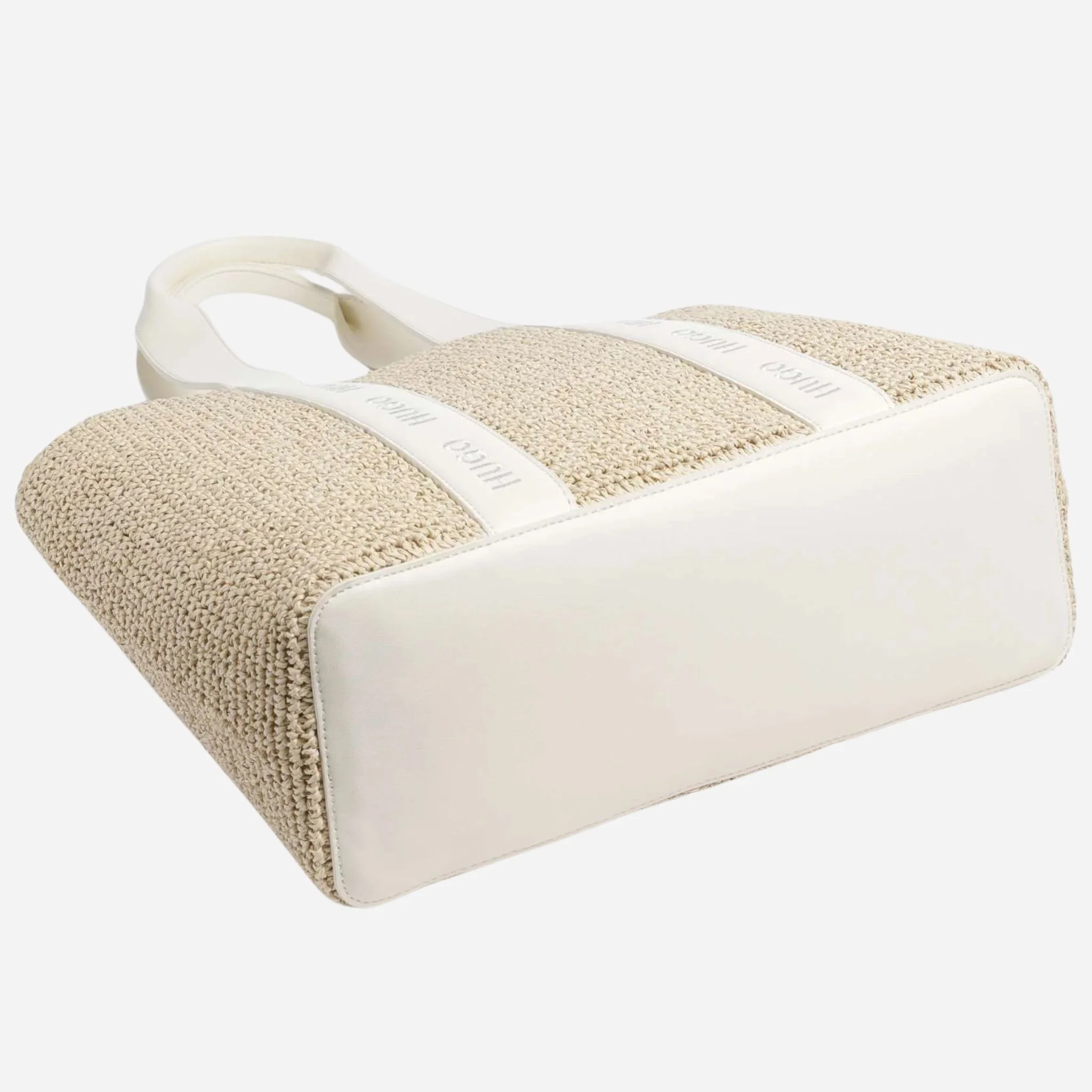 BOSS Becky White Raffia Tote Bag with Embossed Hugo Detailing - Image 5