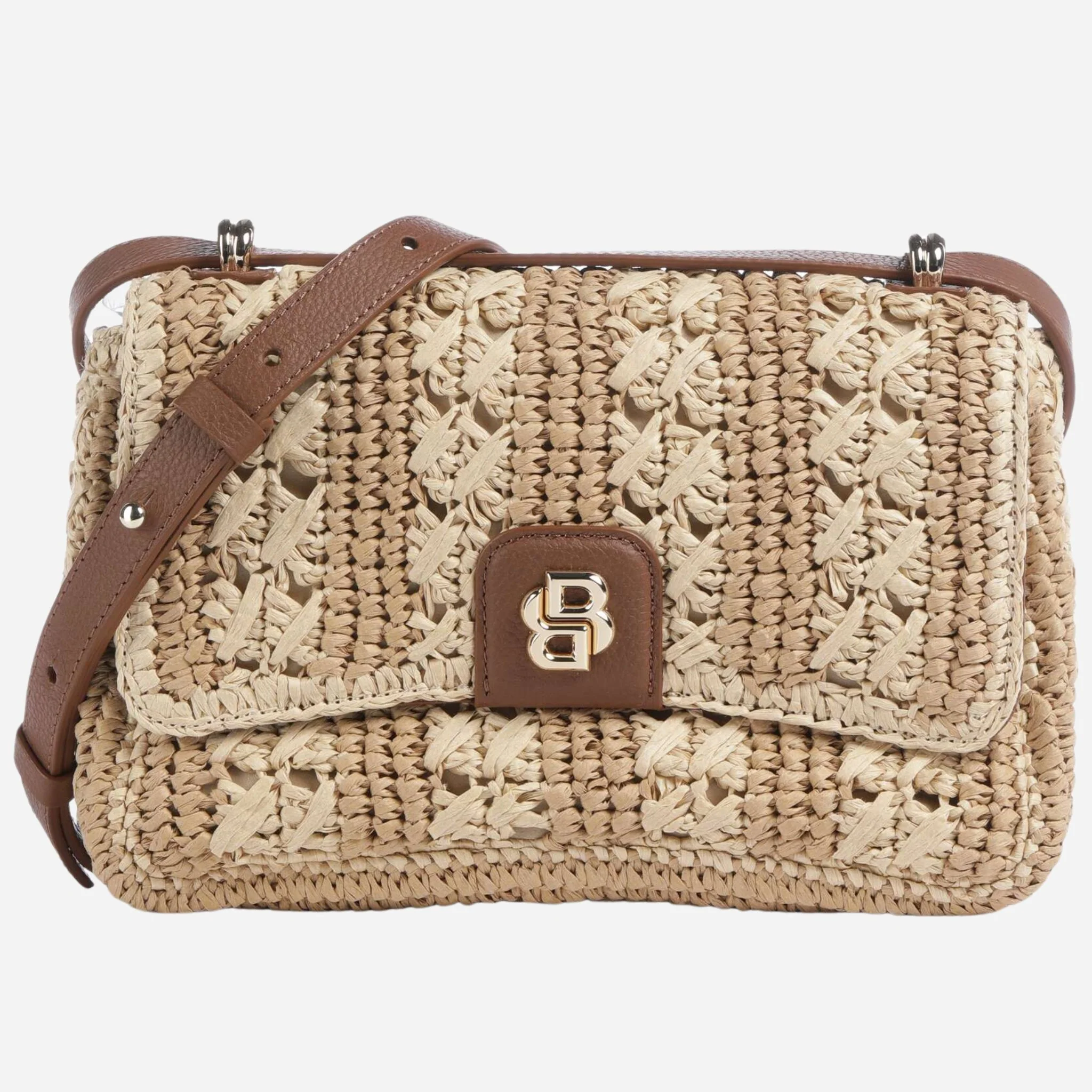 BOSS Beyond Raffia Cross Body Bag with Brown Trims and Double 'B' Monogram Logo