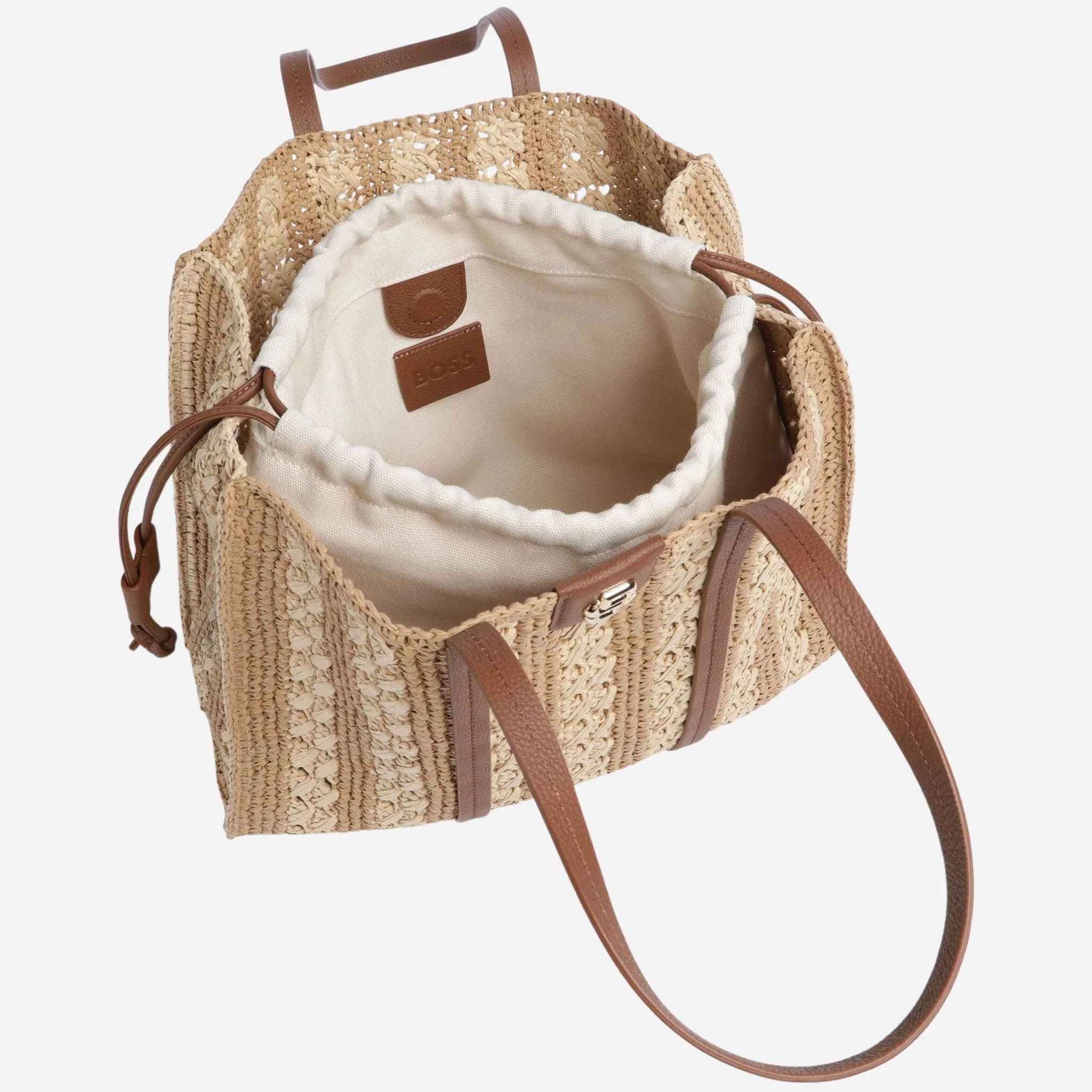 BOSS Beyond Raffia Tote Bag with Brown Trims and Double 'B' Monogram Logo - Image 4