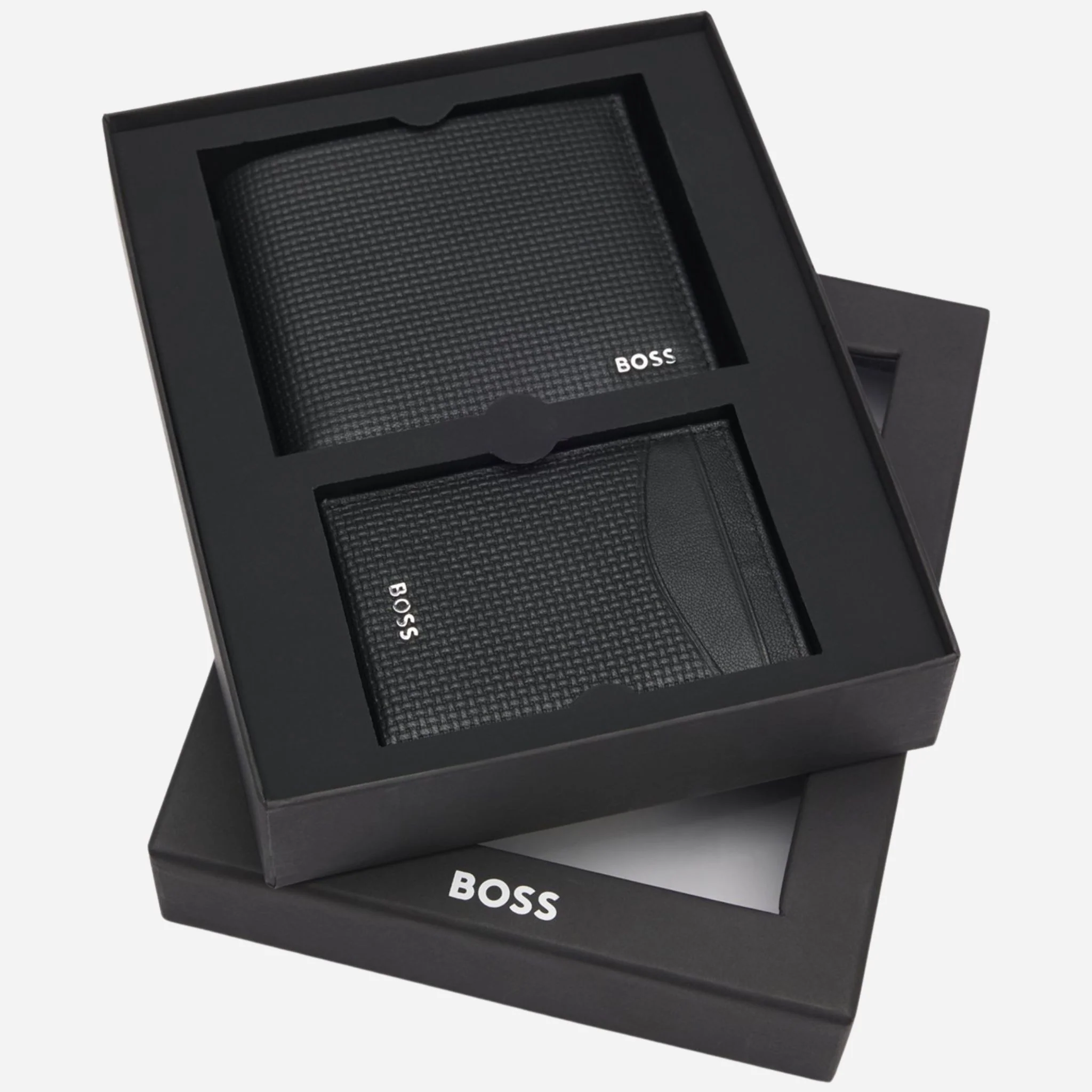 BOSS Black Embossed Leather Wallet and Card Holder Gift Set - Image 3
