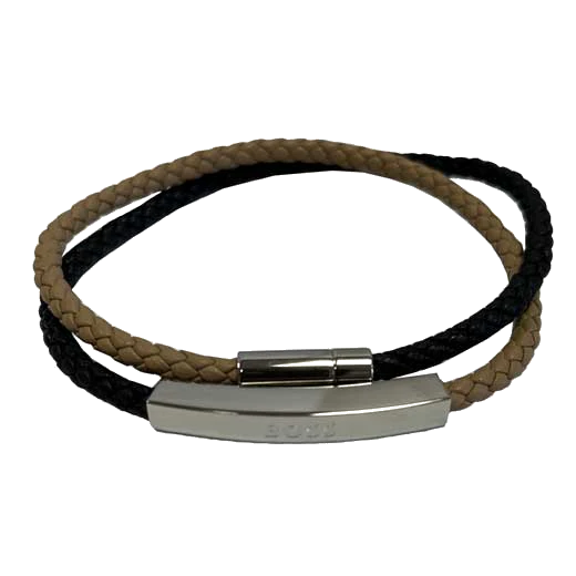 BOSS Black & Tan Bertol Braided Leather Wrap Bracelet