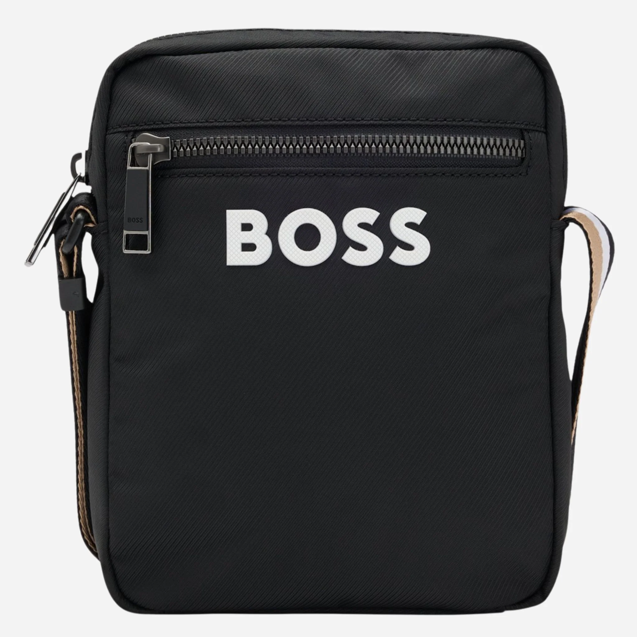BOSS Catch 3.0 Black NS Zip Top Cross Body Bag with Raised White Logo