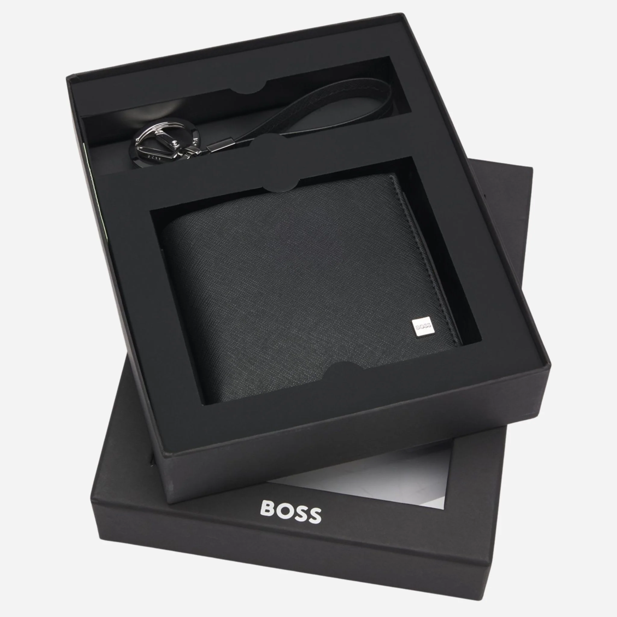 BOSS GB Black Leather Logo-Plate-Trimmed Wallet and Key Ring Gift Set - Image 3
