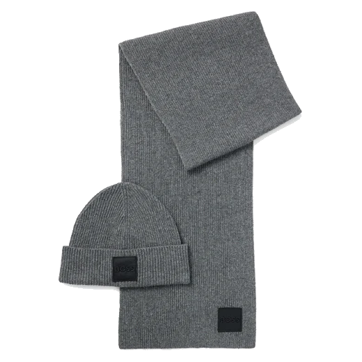 BOSS Grey Metaverse Knit Beanie Hat and Scarf Set