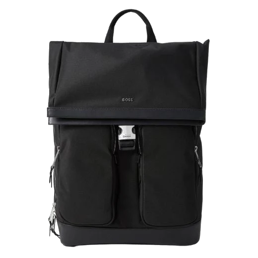 BOSS Highway Black Nylon & Leather Trim Roll Top Backpack
