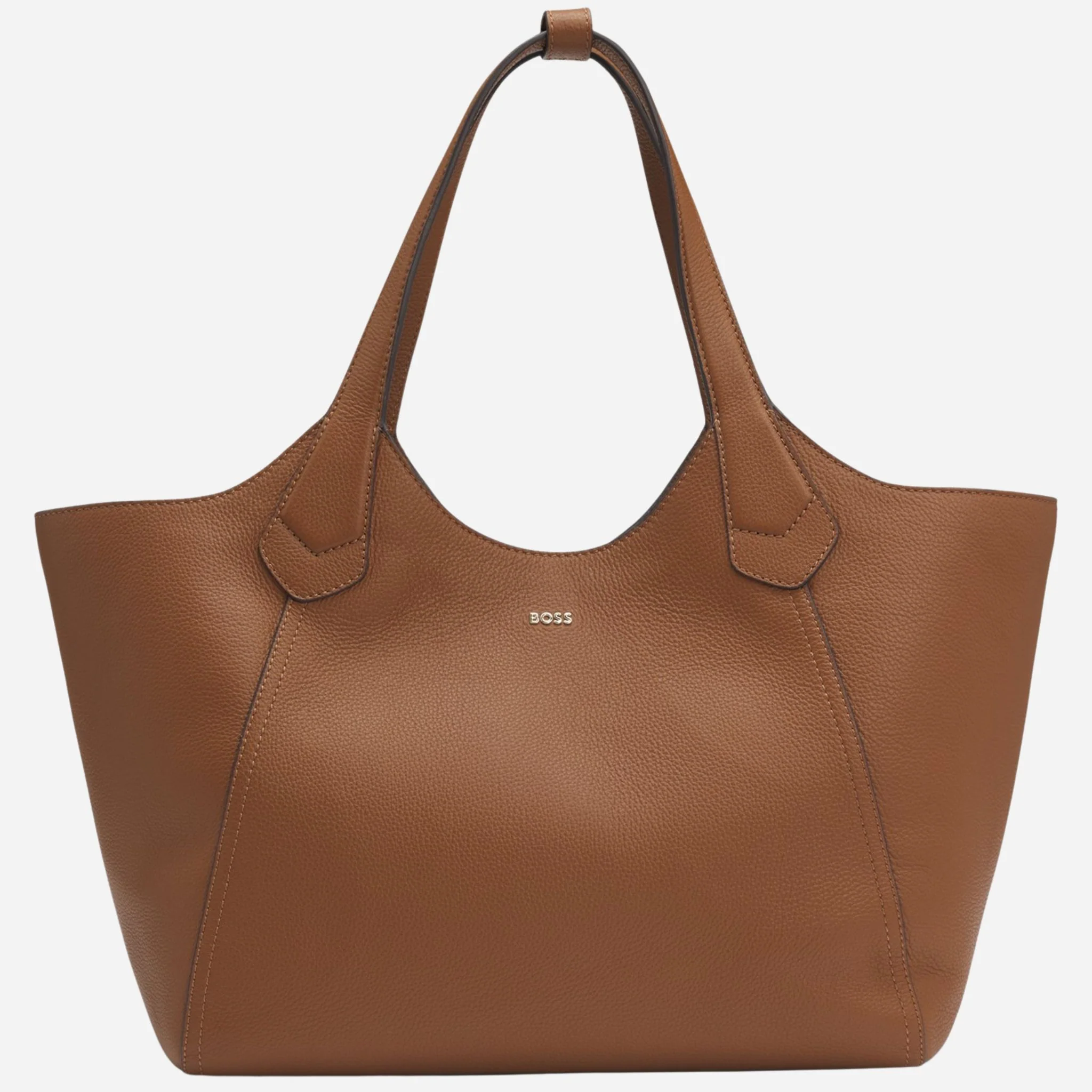 BOSS Lenah Brown Leather New Tote Bag with Metallic Logo