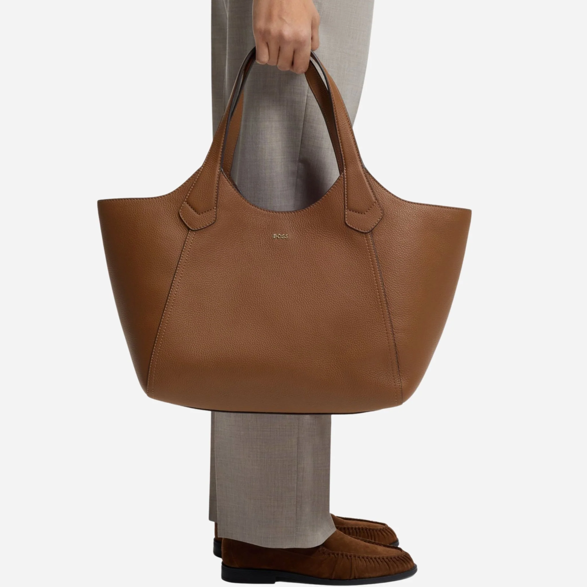 BOSS Lenah Brown Leather New Tote Bag with Metallic Logo - Image 6