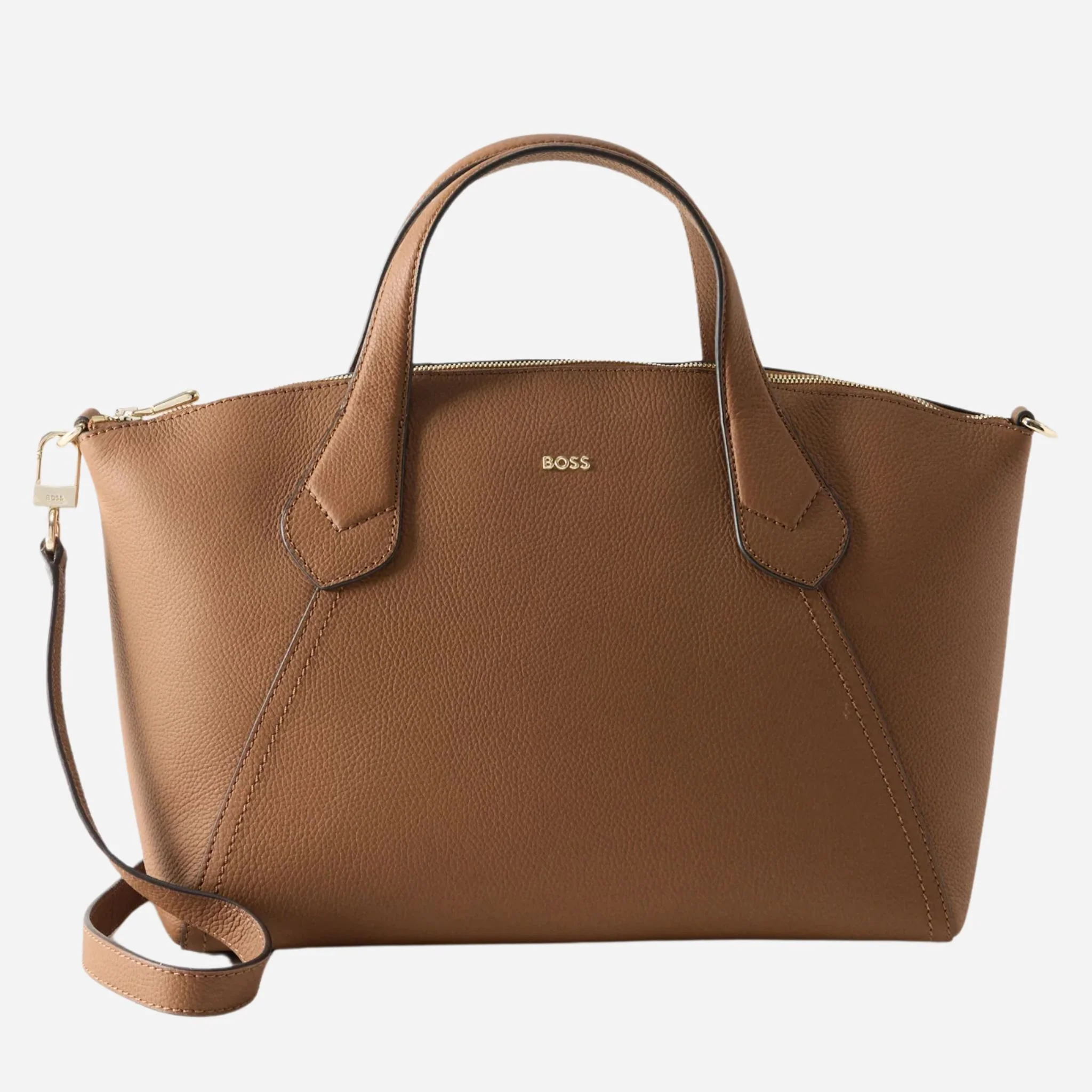 BOSS Lenah Brown Zip Tote Bag with Metal Logo