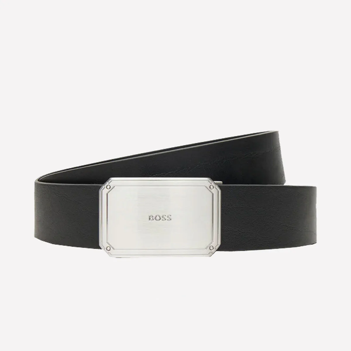 BOSS Men’s Jeyler Smooth Black Leather Belt with Plaque Buckle