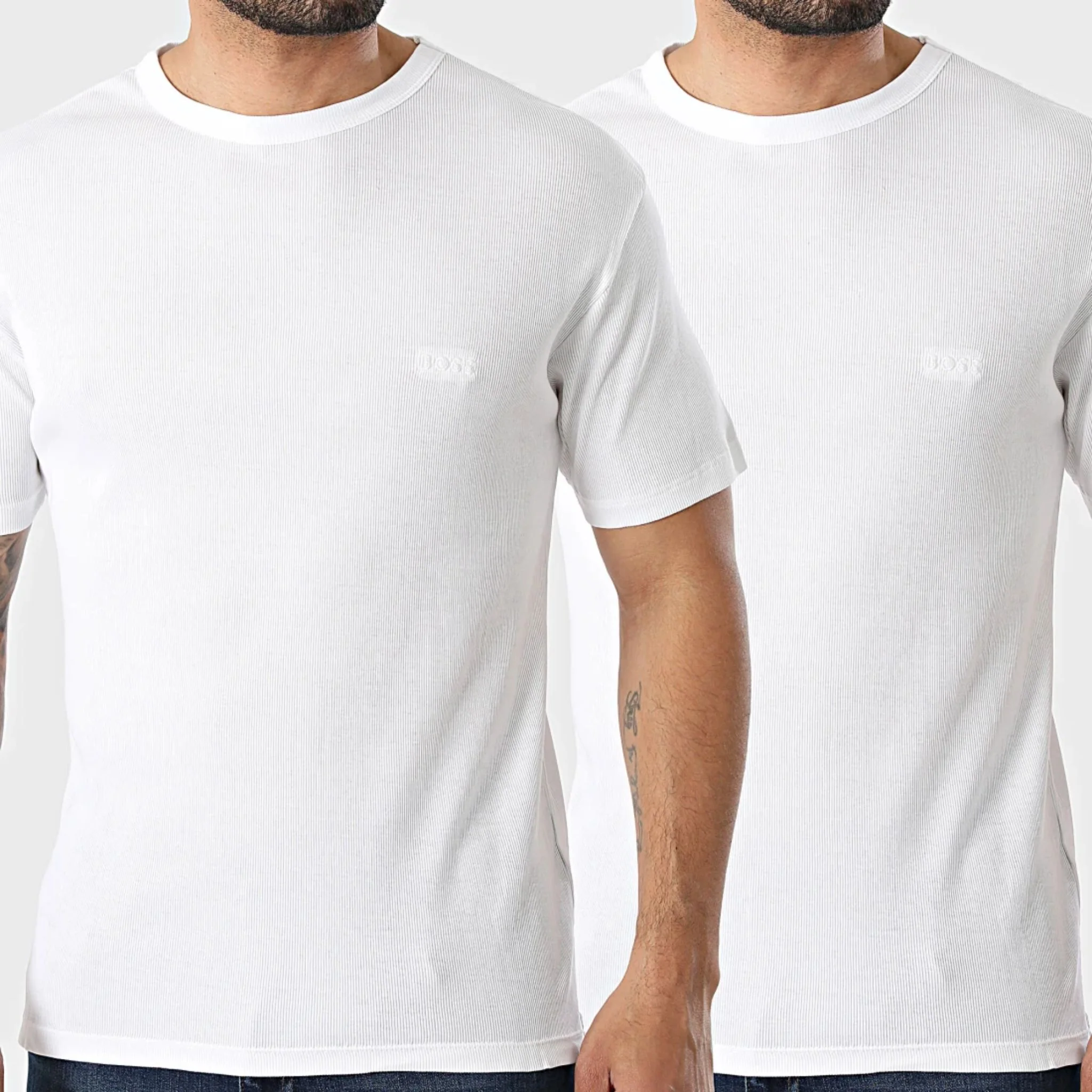 BOSS Men's White Cotton Classic Rib Crew Neck T-Shirt 2-Pack