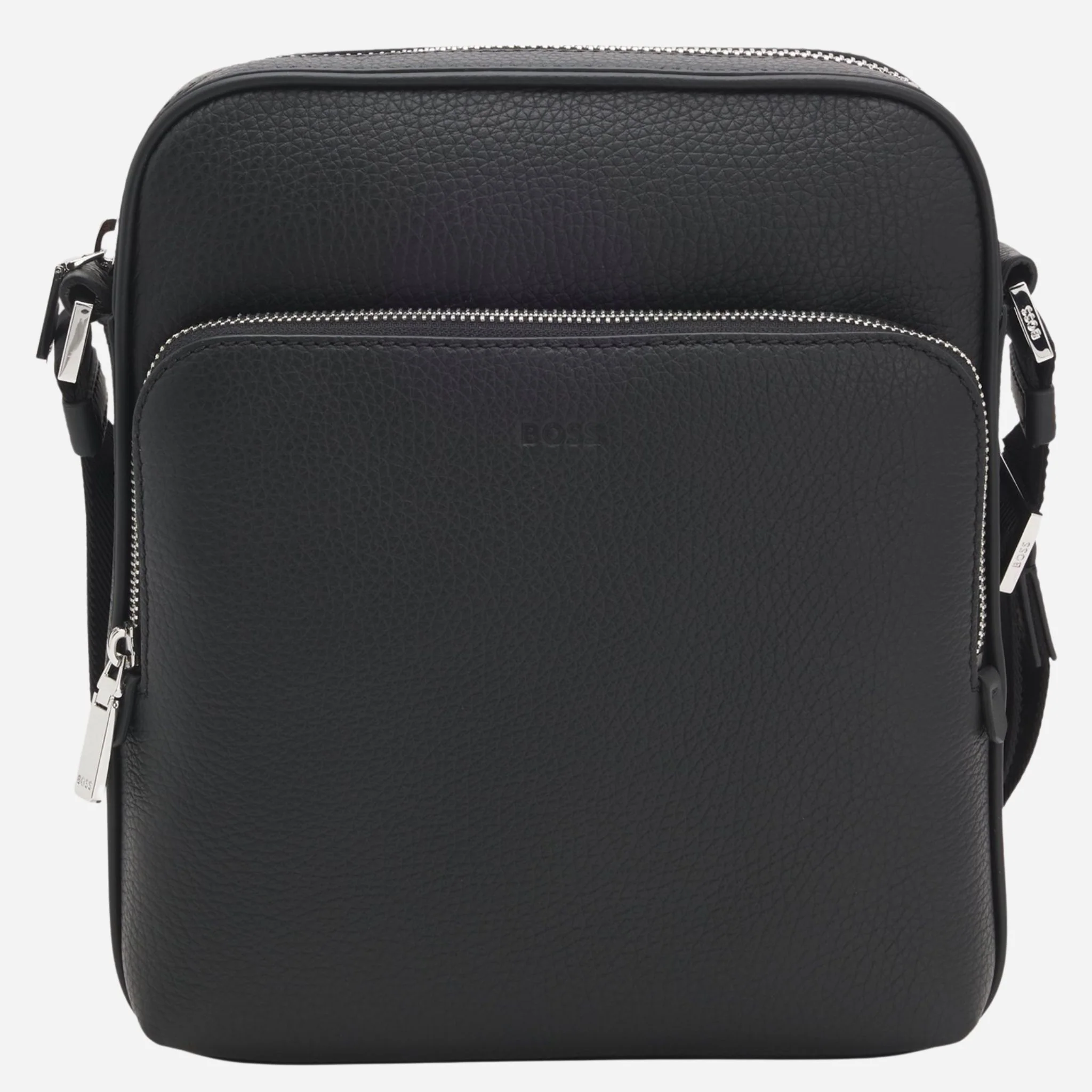 BOSS New Crosstown NS Reporter Bag in Natural-Grain Black Leather with Zip