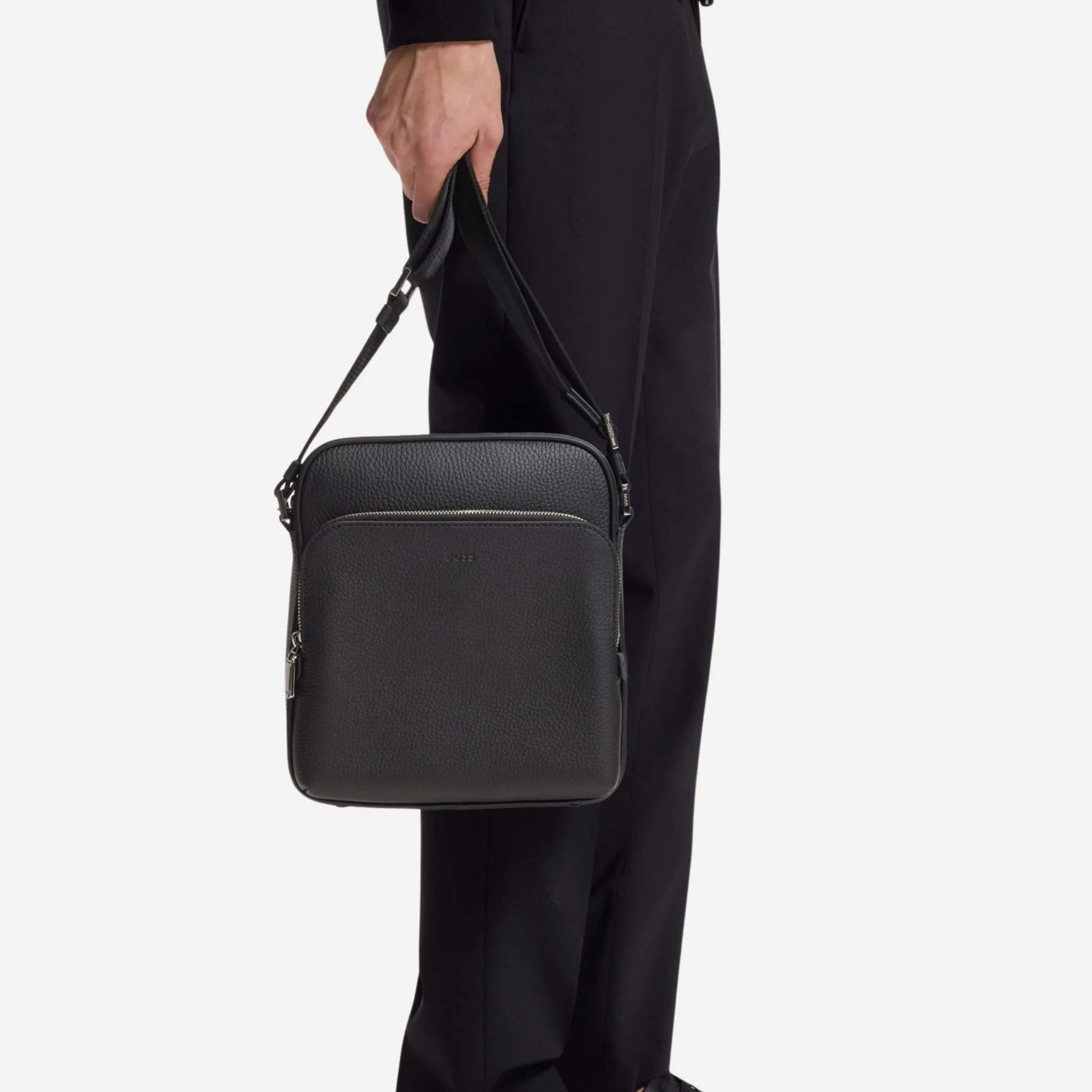 BOSS New Crosstown NS Reporter Bag in Natural-Grain Black Leather with Zip - Image 6