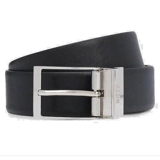 BOSS Ofede Reversible Black/Navy Blue Leather Pin Buckle Belt