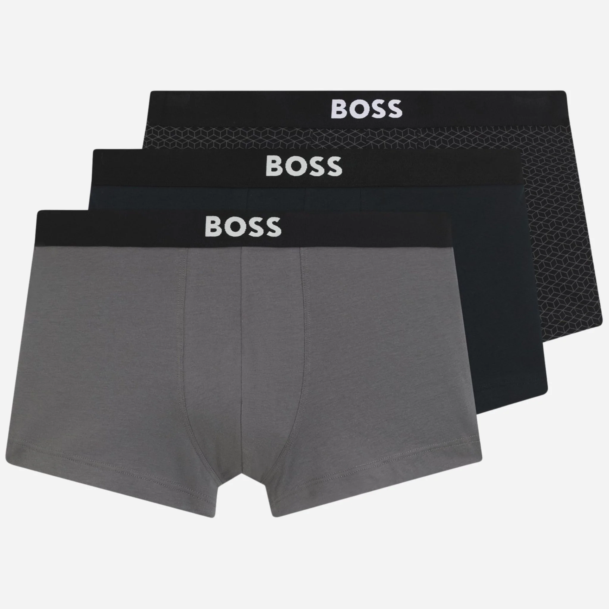 BOSS One 3-Pack of Black and Grey Organic Stretch-Cotton Trunks with Waistband Logo