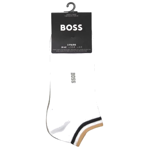 BOSS Pack of 2 White and Green Cotton Blend Ankle Socks with Signature Stripe Cuffs