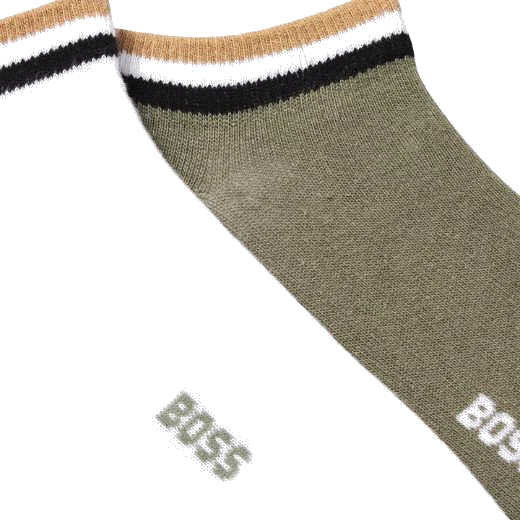 BOSS Pack of 2 White and Green Cotton Blend Ankle Socks with Signature Stripe Cuffs - Image 2