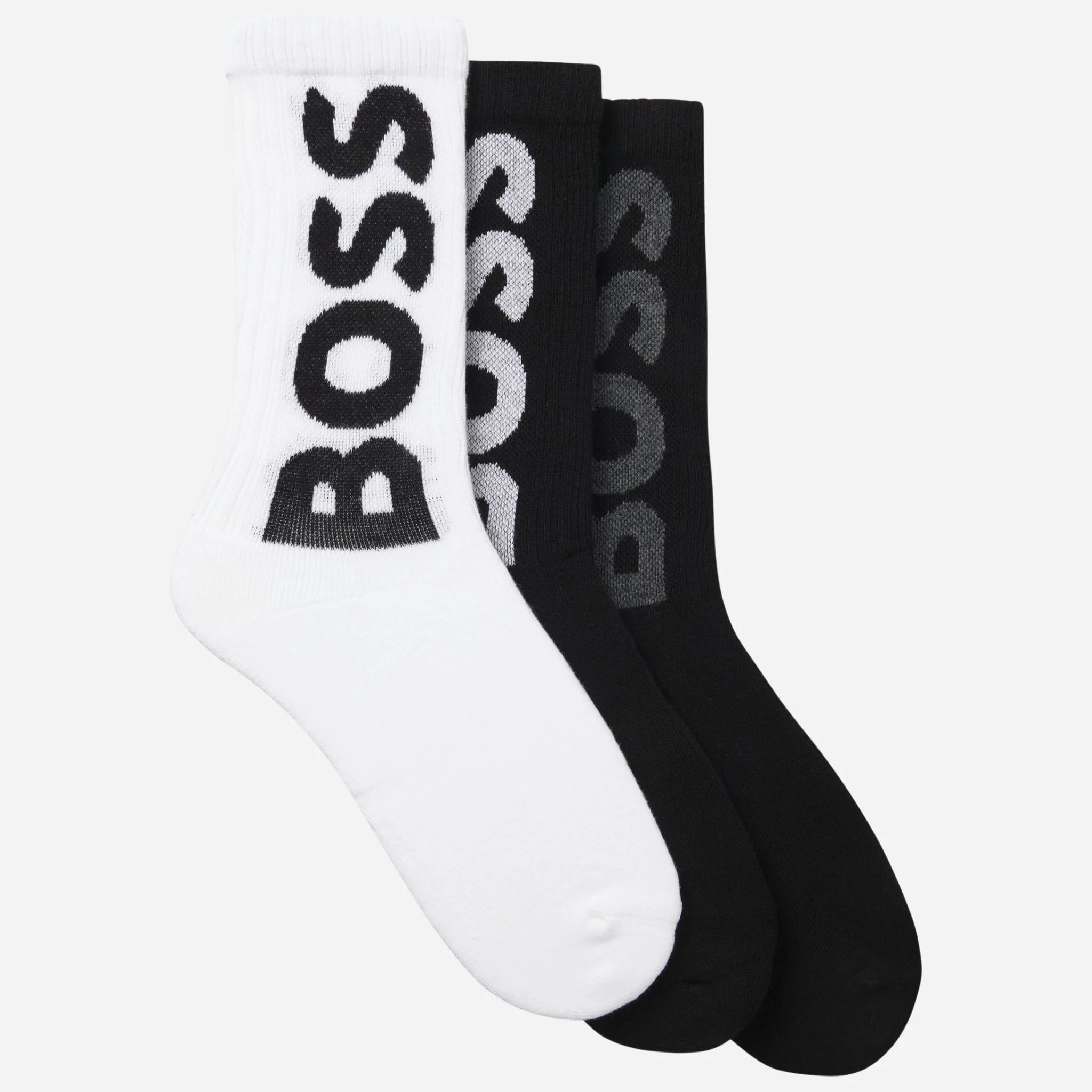 BOSS Pack of 3 White & Black Quarter Length Cotton Blend Socks with Large Logos