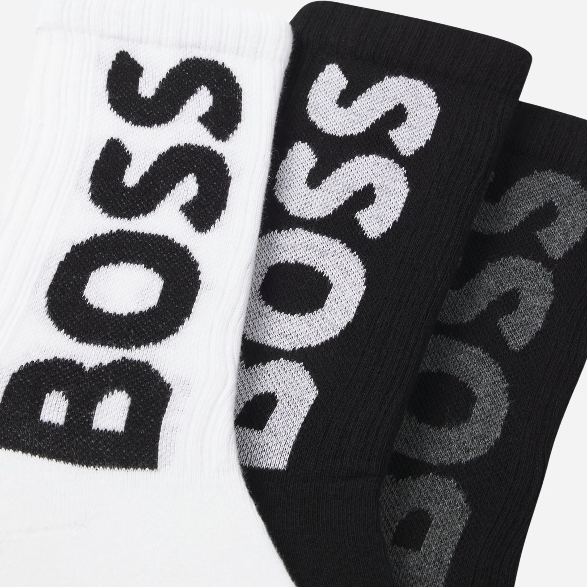 BOSS Pack of 3 White & Black Quarter Length Cotton Blend Socks with Large Logos - Image 2