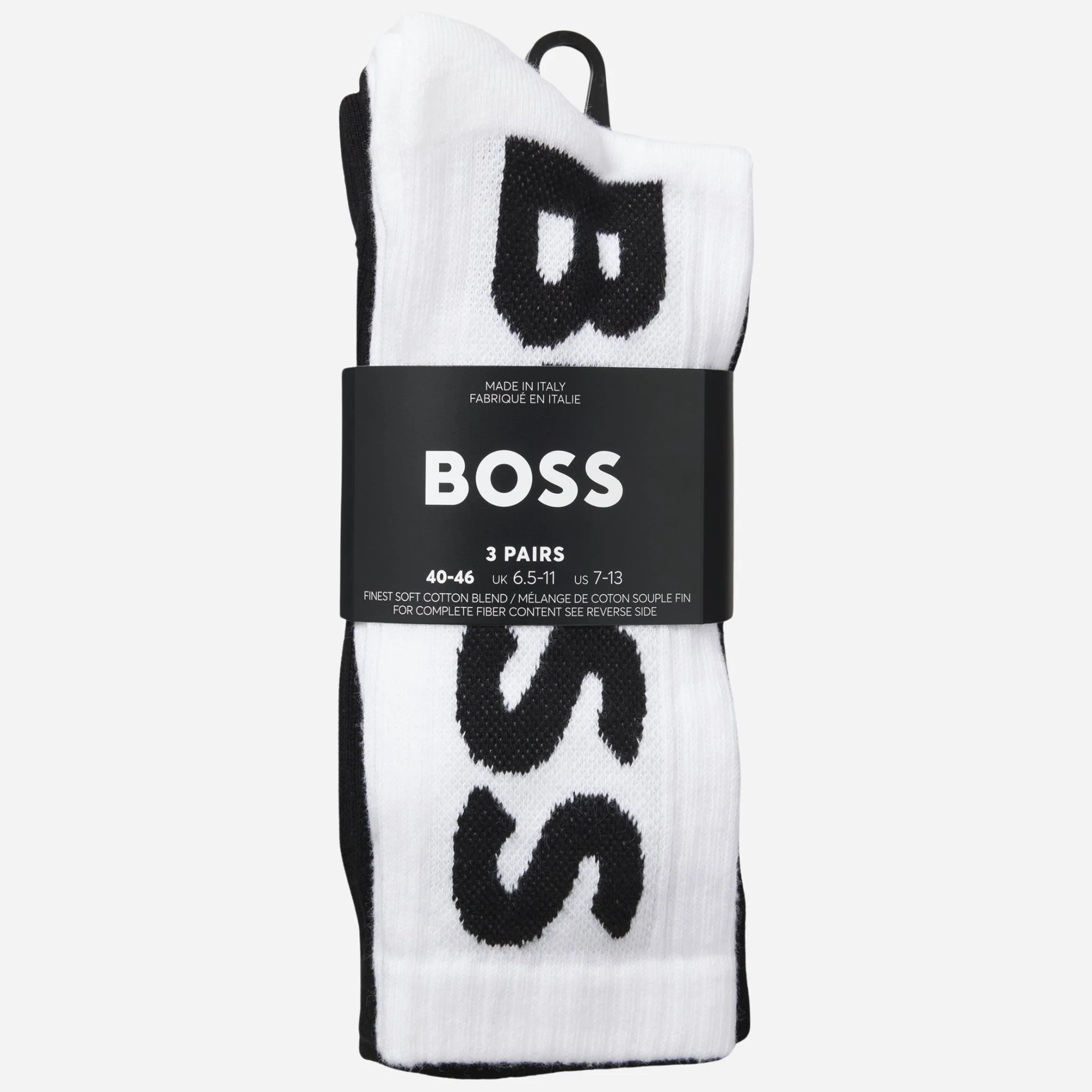 BOSS Pack of 3 White & Black Quarter Length Cotton Blend Socks with Large Logos - Image 3