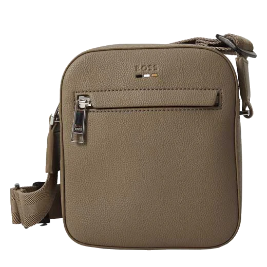 BOSS Ray Grained Faux Leather Beige Reporter Bag with Signature Stripe