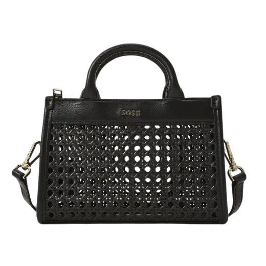 BOSS Sandy Black Faux Leather Woven Mini Tote Bag