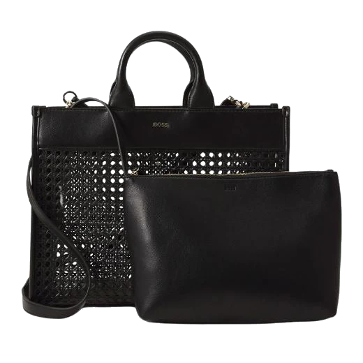 BOSS Sandy Faux Leather Black Woven Tote Bag With Zip Pouch