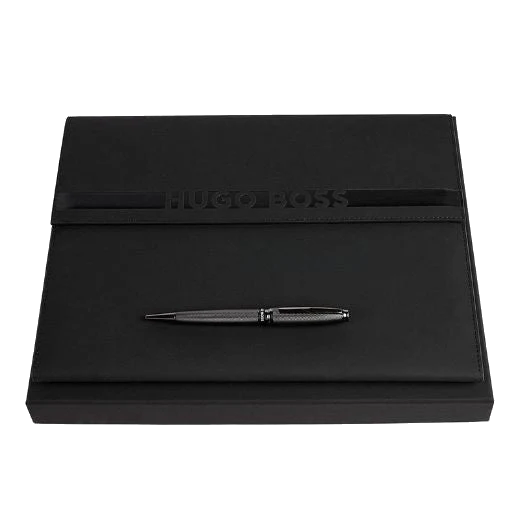 BOSS Stream Gunmetal Ballpoint and Cloud A4 Black Folder Set