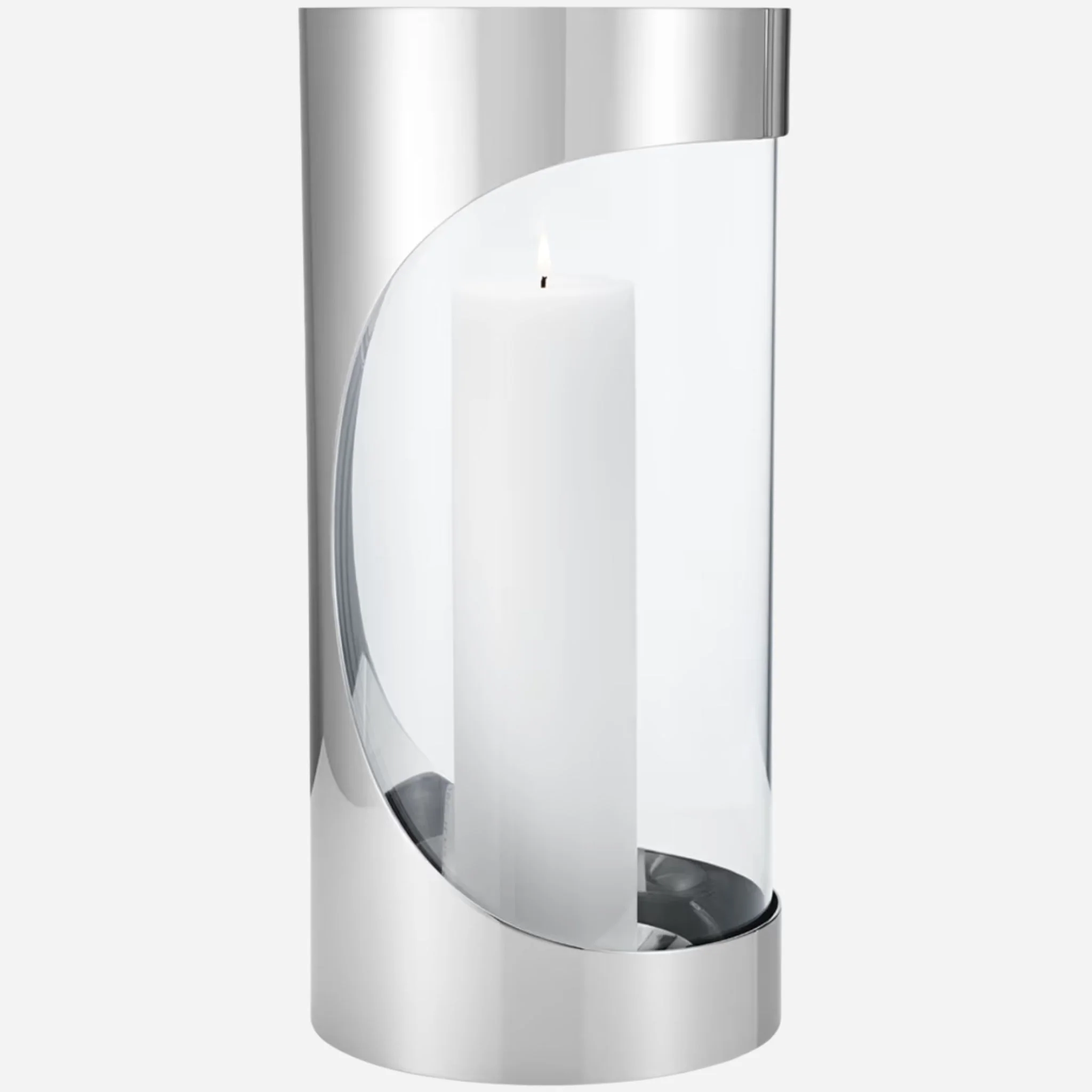 Georg Jensen Chrome Contours Large Stainless Steel and Glass Hurricane Candleholder