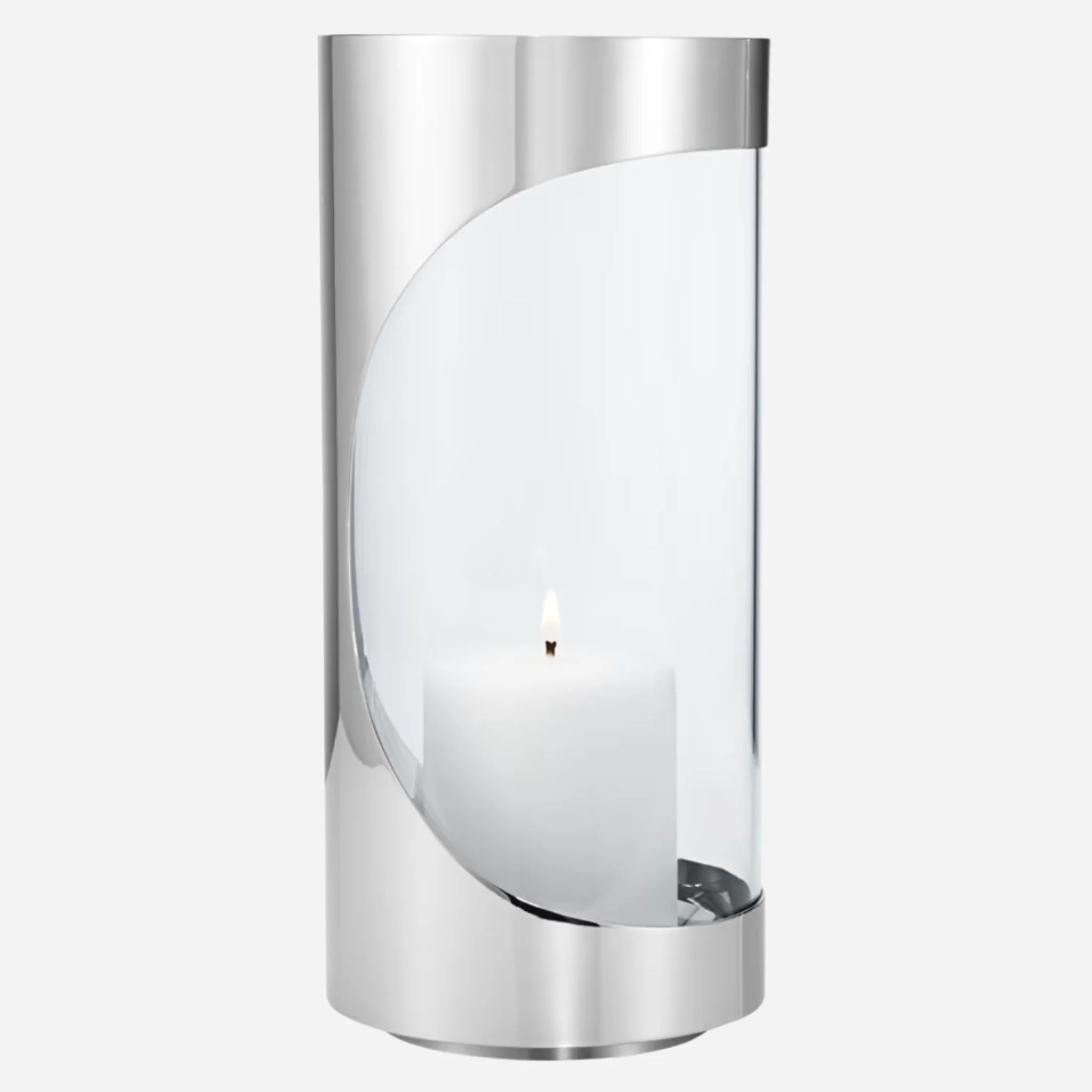 Georg Jensen Chrome Contours Medium Stainless Steel and Glass Hurricane Candleholder
