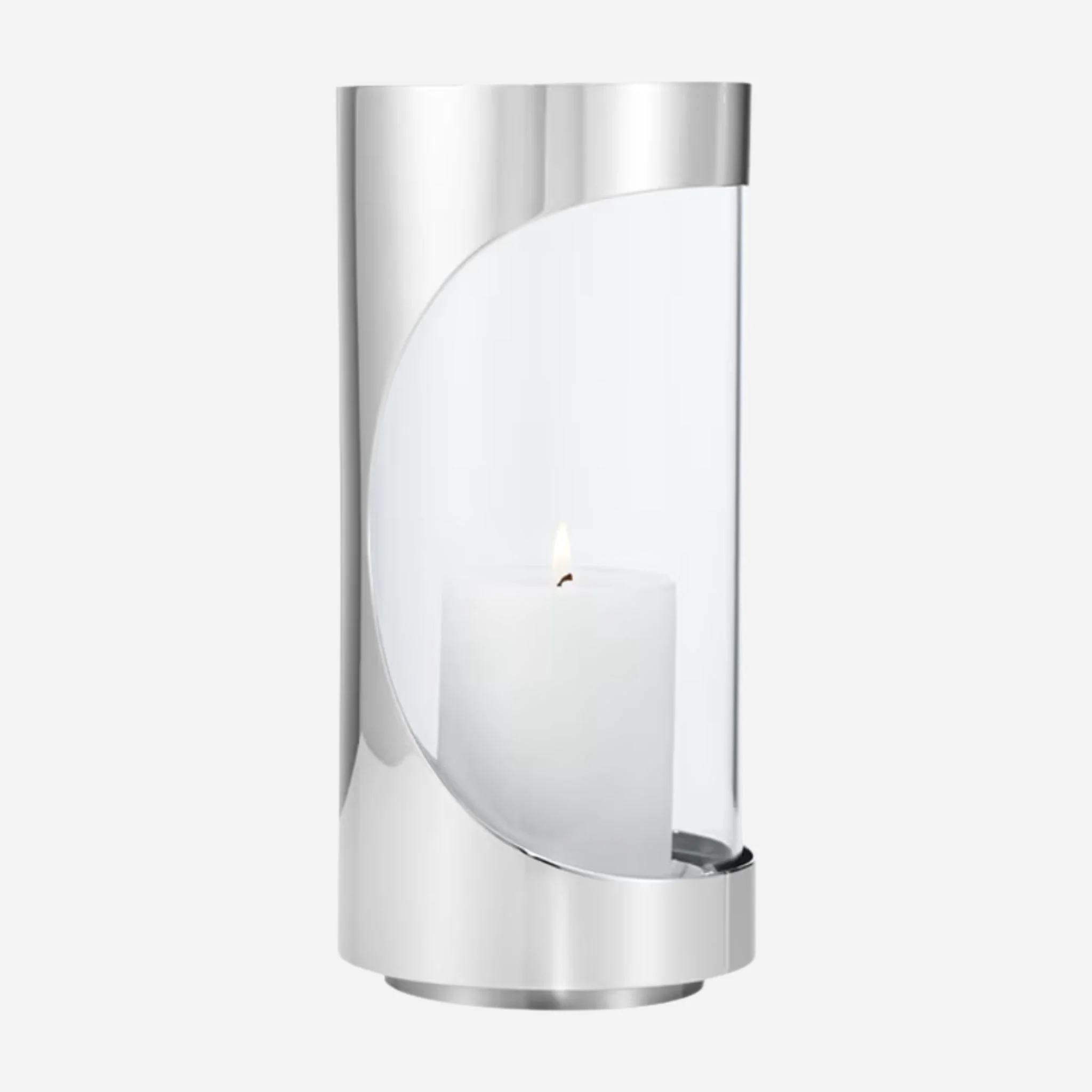 Georg Jensen Chrome Contours Small Stainless Steel and Glass Hurricane Candleholder
