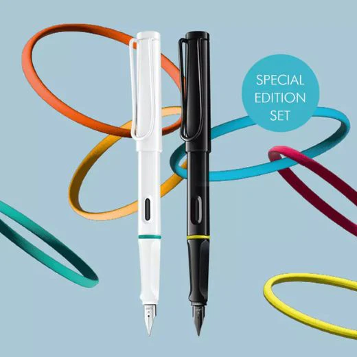 LAMY Safari Glossy Black and White Fountain Pens Set with Decorative Rings