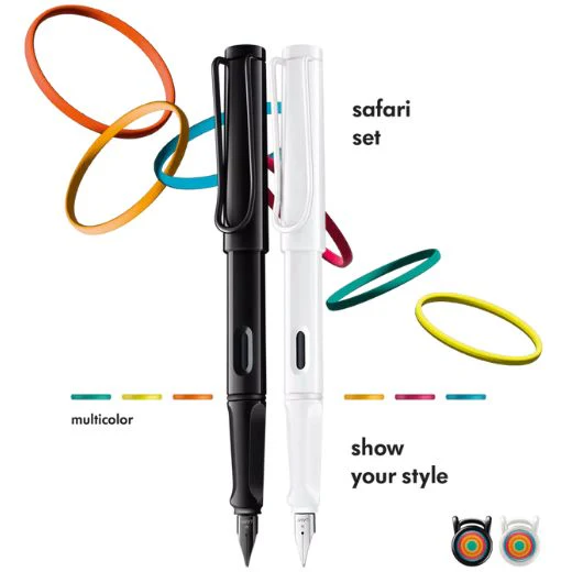 LAMY Safari Glossy Black and White Fountain Pens Set with Decorative Rings - Image 2
