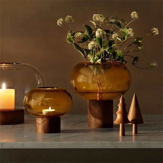 LSA International Select Oblate Tall Amber Vase with Walnut Base - Image 4