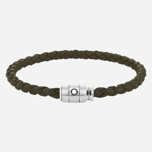 Montblanc Men's Khaki Leather and Stainless Steel 3 Ring Bracelet