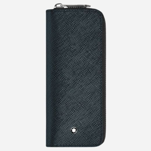 Montblanc Sartorial Tweed Blue Leather Two Pen Pouch with Zip