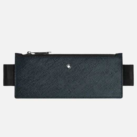Montblanc Tweed Blue Sartorial Leather Zipped 2-Pen Pouch with Elastic Strap